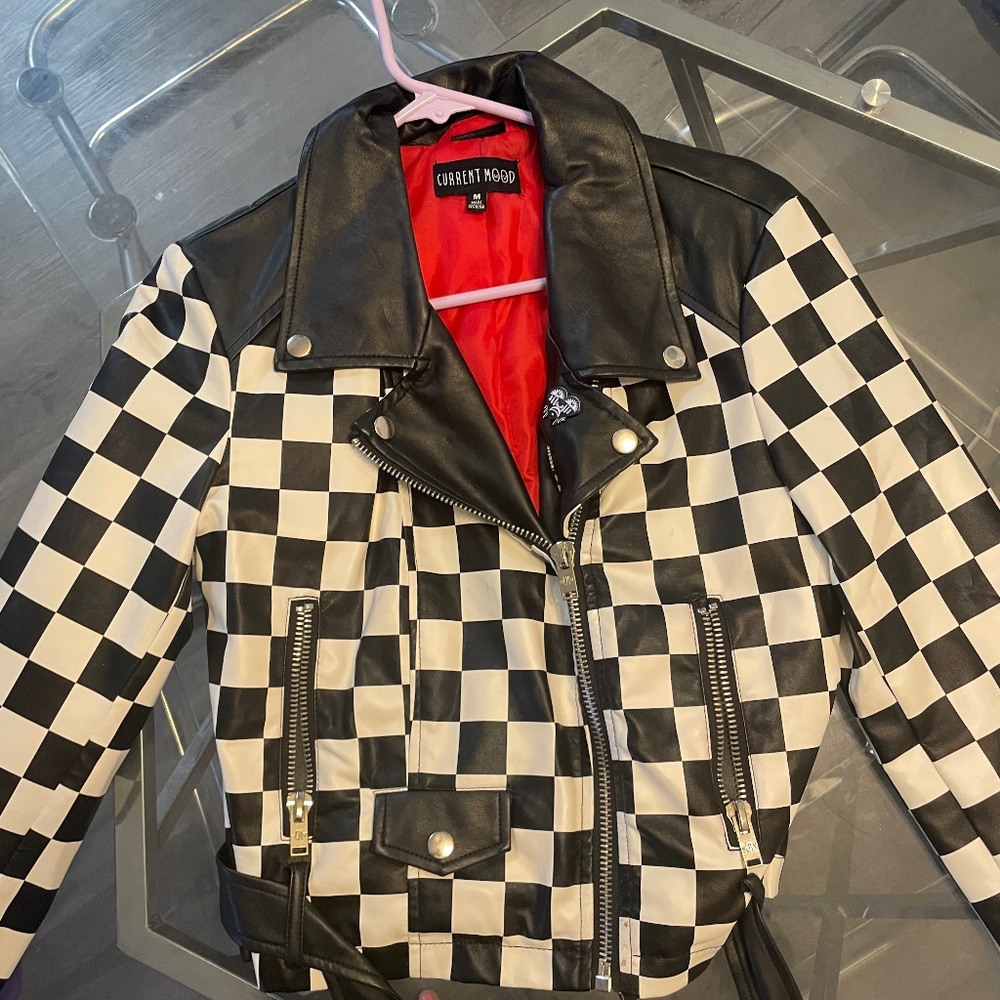 Current mood cropped checkered moto jacket